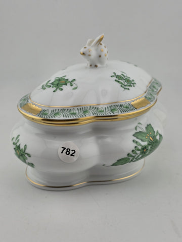 Vintage Collectible Herend Chinese Bouquet Green Cov Bonbon W/Bunny. Read.