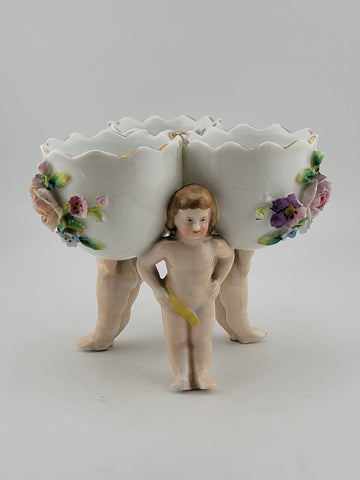 Antique Dresden Germany Porcelain Floral 3 Little Bowls w Figural Cherub Putti.