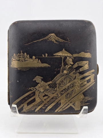 Rare Antique Japanese Maki-e Lacquer Cigarette Case Mt Fuji Rickshaw Scene Meiji