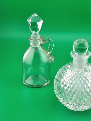 Antique Set Of 2 Cut Glass Perfume Bottle W Stoppers. 1 Czechoslovakia & 1 Jug.
