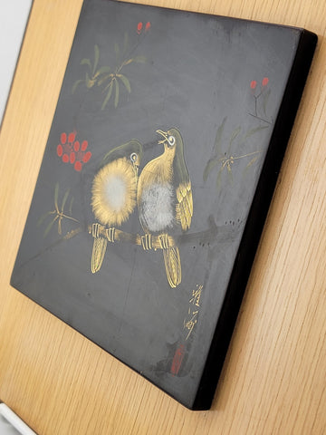 Japanese Wajimaya Lacquerware Asian Art Plaque Birds On Branch Painted Tile Vtg