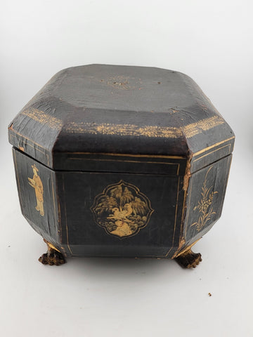 Rare 1800's Antique Chinese Gilt Lacquered Tea Caddy w/ Pewter Containers.