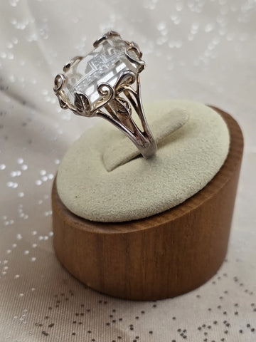 Rare Sterling Silver 925 Carved Rock Crystal Cross Intaglio Ring Statement Sz 9