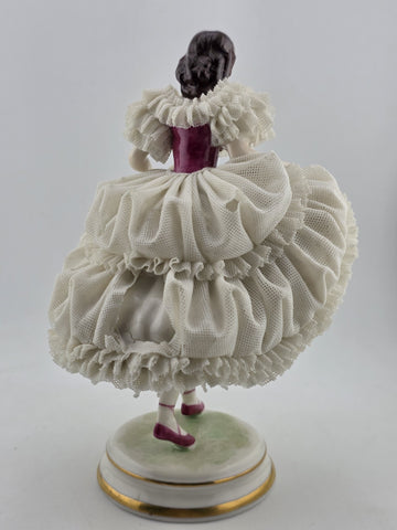 Antique Dresden Lace Porcelain Figurine Lady Dancer Flowers Germany MZ Crown 7”