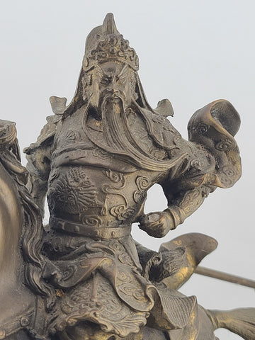 Antique 9" Chinese Ancient Bronze Guan Gong Yu Warrior God Ride Horse Statue