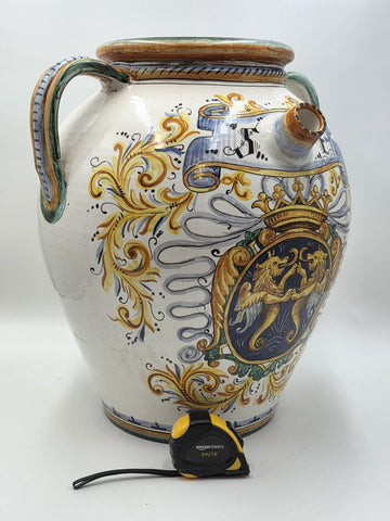 Rare Antique XL 19th C Italian Majolica Olive Oil Jar Heraldic Lions Handpainted