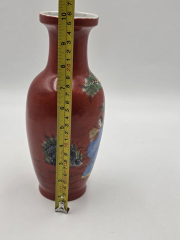 Antique Chinese Republic Famille Rose Coral Red Scholar Vase Qianlong Mark 10"