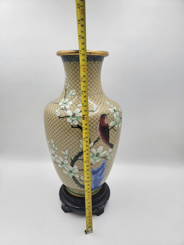 XL Cloisonné Vase Beautiful Floral  Fine Wirework Interior Brass 17 inches tall