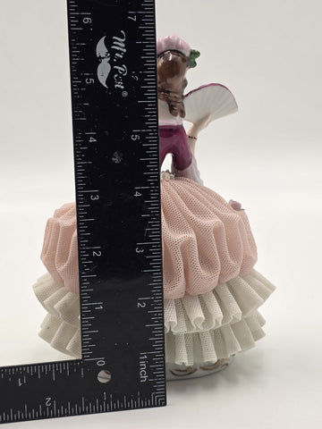 Vintage German Dresden Style Porcelain Lace Lady Figurine Fan Rose 7"
