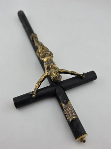 Rare Antique 19th C Crucifix Metal Jesus On Wood Cross W Rare Tips Memento.