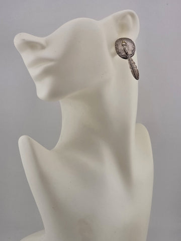Antique Native American 925 Sterling Silver Earrings Concho Feather Dangle