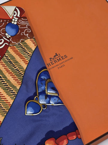 Hermès Silk Scarf 90 “Tibet” Cathy Latham Blue Red Gold Tibetan Jewelry Motif