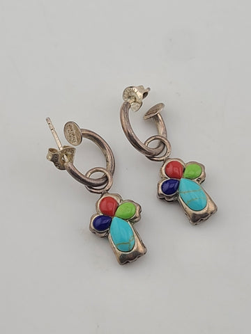 Rare OOAK Sterling Silver Southwestern Inlay Cross Dangle Hoop Earrings 925