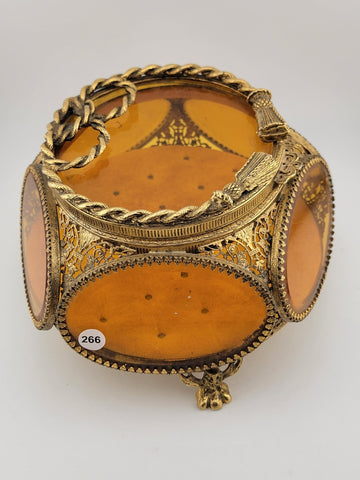 Antique Ormolu Filigree Trinket Casket Vitrine Box, 5-Sided Beveled Amber Glass