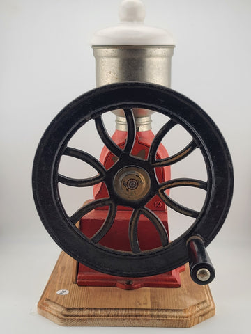 Vintage Elma Big Wheel Coffee Mill Grinder Cast Iron Wheel Mounted On Wood Base