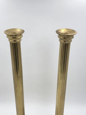 Pair Antique Monumental Brass Fluted Column Candlestick Neoclassical Regency 22”
