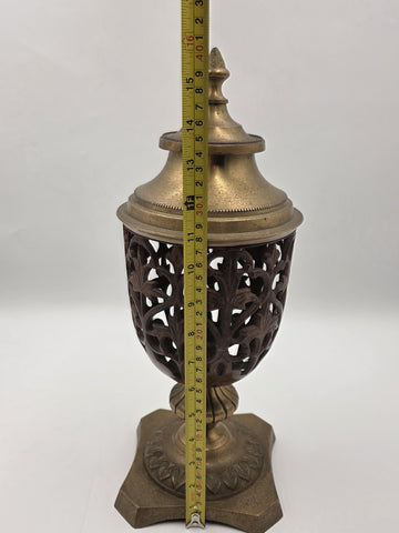 Rare Antique Solid Brass/Cast Iron Two-Tone Lidded Filigree Cut Decorative Urn