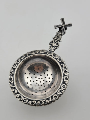 Rare Antique Silver 900 Dutch Loose Leaf Tea Strainers and Rest Dish Ornate
