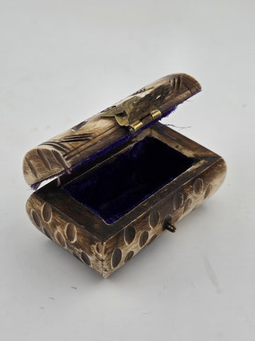 Antique Camel Bone Brass Cut Out Jewelry Trinket Box With Blue Felt Lining