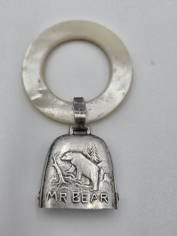 Pair Antique Sterling Silver Mother Of Pearl Baby Teething Rattles Mr Bear Goose