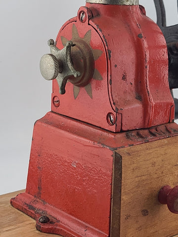 Vintage Elma Big Wheel Coffee Mill Grinder Cast Iron Wheel Mounted On Wood Base