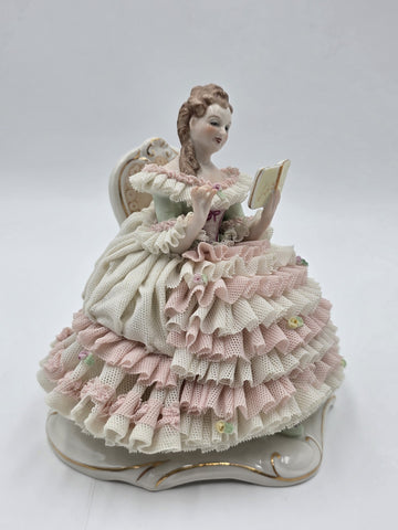 Vintage M.Z. Ireland Dresden Lace Porcelain Figurine Lady Reading Book Seated