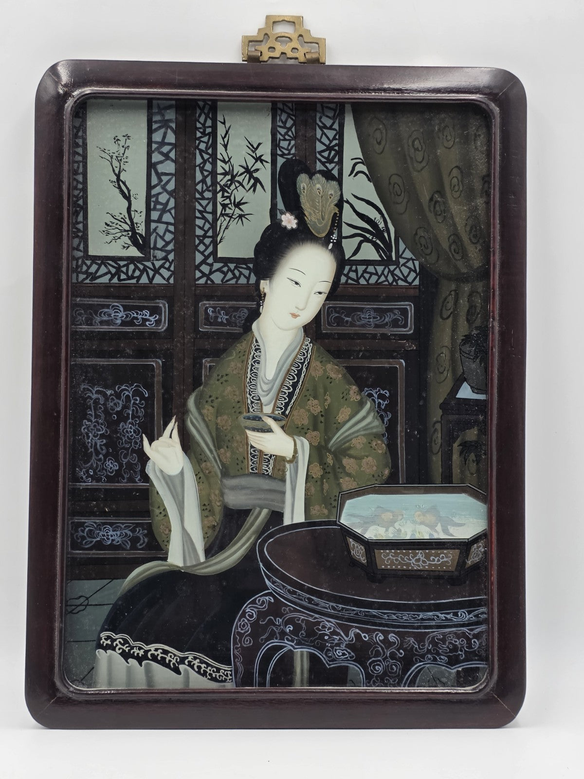 Antique Chinese Reverse Painted Glass Court Lady Portrait Hardwood Frame 14"