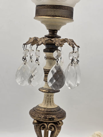 Antique Victorian Converted Table Lamp Etched Glass Shade Prism Drops 24"