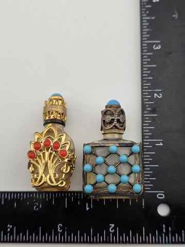 Pair Of Vintage Jeweled Miniature Perfume Bottles Filigree Glass Scent Bottles