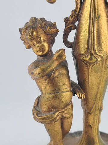 Antique 19th C Art Nouveau Figural Cherub Clock Gilt Spelter French Runs. Read.
