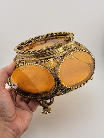 Antique Ormolu Filigree Trinket Casket Vitrine Box, 5-Sided Beveled Amber Glass