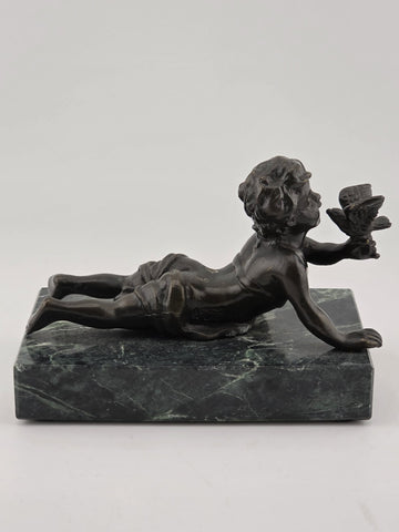 Vintage Small Bronze Child w/ Bird Figurine on Green Marble Pedestal Base Signed