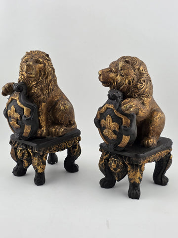 Pair Antique Carved Wood Heraldic Lions Bookends Fleur-de-Lis Shield Gold &Black