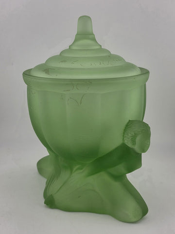 Vintage Art Deco Green Satin Glass Dolly Sisters Nymphs Powder Jar Candy Dish