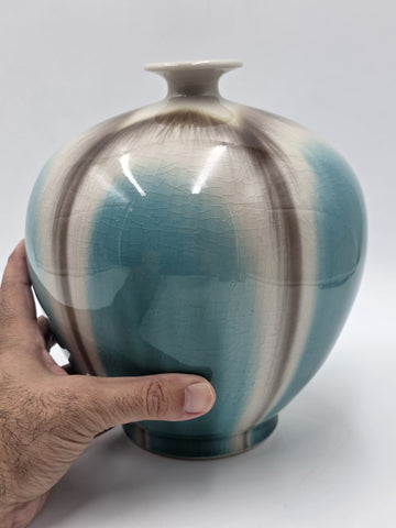 Vtg Chinese Jingdezhen Xing Song Art Pottery Turquoise Crackle Glaze Vase 9”