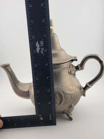 Vintage Antique Hand Made Silver Plated Moroccan Teapot With Feet. Stamped.