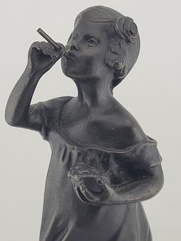 Vintage Bronze Sculpture by Suzanne Crizaro “Girl Blowing Bubbles” Marble Stand