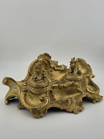 Antique 19th C French Louis XV Rococo Ornate Gilt Bronze Ormolu Inkwell Inkstand