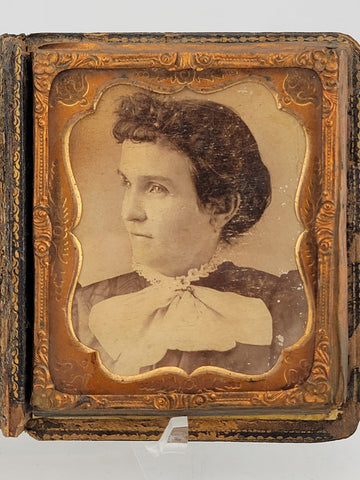 1860's Beautiful Lady Tin Type Fine Gutta Percha Deer Buck Hunter Pocket Frame