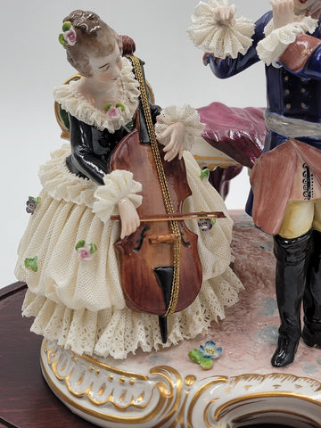 Antique 19th C Victorian Dersden Germany Laced Figurine Music Trio In Glass Dome