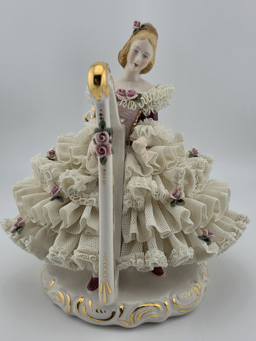 Antique C1930's Dresden Lace Porcelain Harp Lady Figurine Crown D Germany.