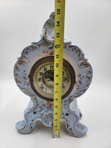 RARE ANTIQUE 19TH C ANSONIA HAND PAINTED PORCELAIN MANTLE CLOCK - WORKS. READ.