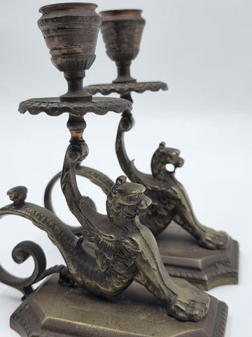 Antique Pair Solid Bronze Griffin Candlesticks Renaissance Revival Winged Lions