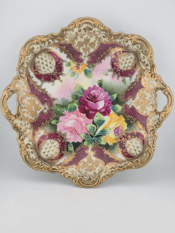 Antique Royal Kinran Nippon HandPainted Platter Moriage Pink Yellow Rose Gold