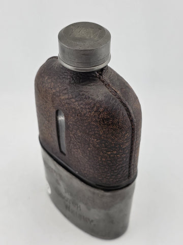 Rare Antique C1920 Whyte & Mackay Leather Wrapped Scotch Flask Pewter Sleeve Cup