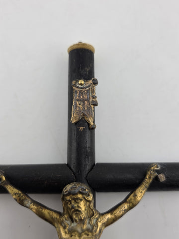 Rare Antique 19th C Crucifix Metal Jesus On Wood Cross W Rare Tips Memento.