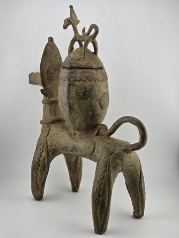 Antique African Nobility Ceremonial Dogon Bronze Horse w/ Covered Container 12"H