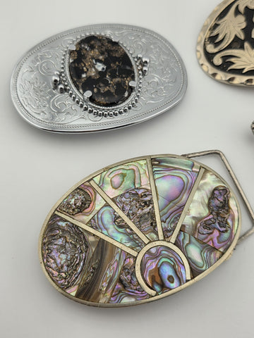 Vintage Western Belt Buckle Lot Abalone Mexico Stone Floral Cowboy 4 Pc Lot.