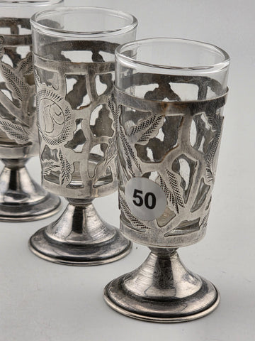 SET Of 4 MID-CENTURY MEXICO STERLING SILVER 3" PIERCED CORDIALS, GLASS LINERS