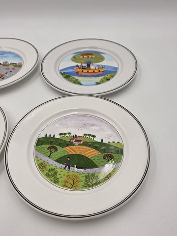 Villeroy & Boch  Naif Laplau 4 Salad Plates Christmas Village Noah Ark. 8 Inch